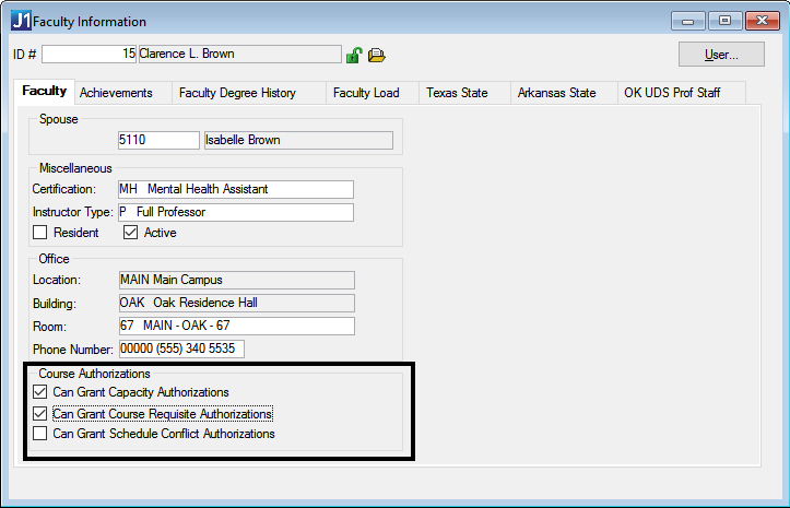 Faculty Information window, Faculty tab in J1 Desktop showing the "Course Authorizations" group of checkboxes