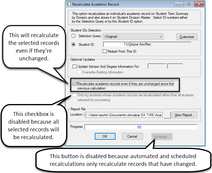 Recalculate Academic Record window.