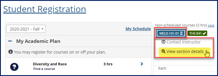 Student Registration window, My Academic Plan and View section details option.