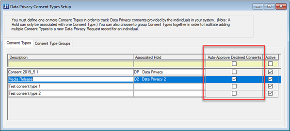 Data Privacy Consent Types Setup window.