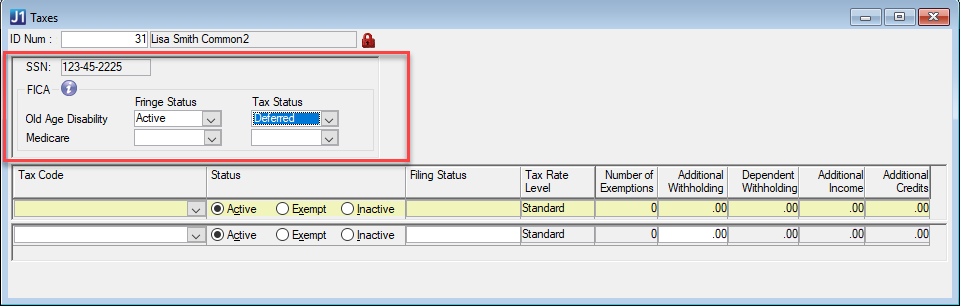 Taxes window with Tax and Fringe Status fields highlighted.