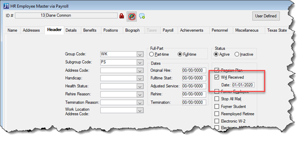 HR Employee Master via Payroll window with W4 Received field highlighted.