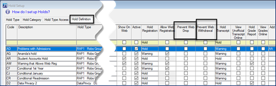 Hold Setup window, Hold Definition tab with drop and withdrawal option columns selected.