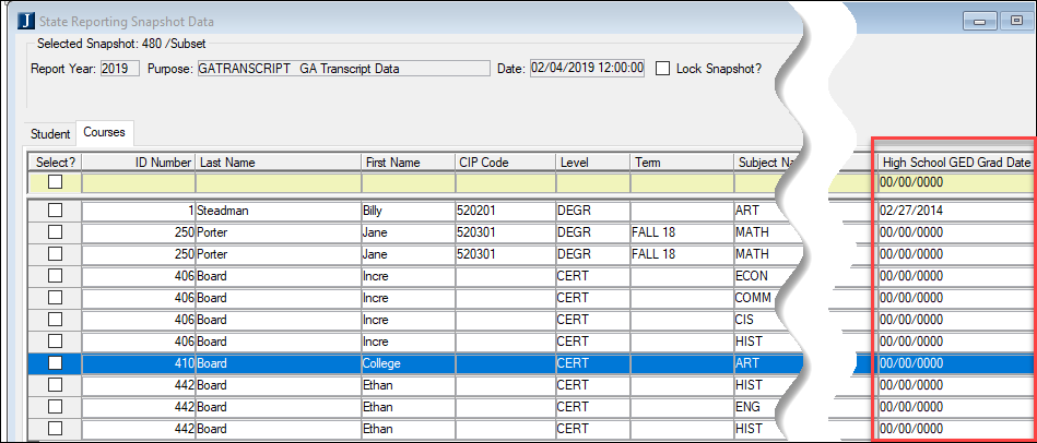 State Reporting Snapshots window, High School GED Grad Date column highlighted.