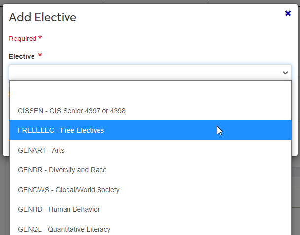 Add Elective pop-up with FREEELEC option selected.