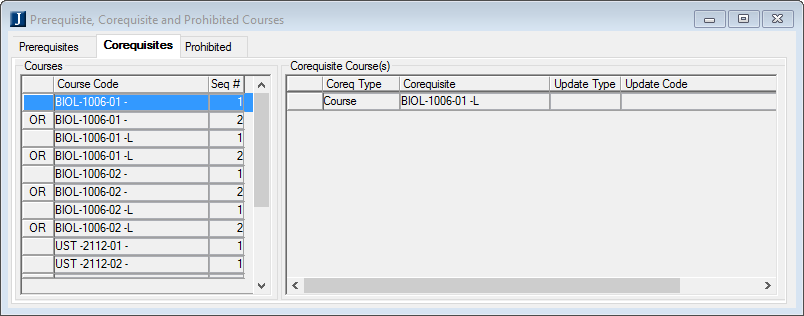 Prerequisite, Corequisite, and Prohibited Courses window.