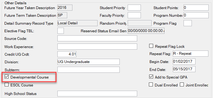 Student Registration window, Registration tab, Student Course Details subtab, Developmental Courses checkbox.