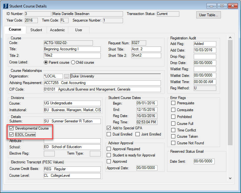 Student Course Details window, Course tab, Developmental Course and ESOL Course checkbox options highlighted.